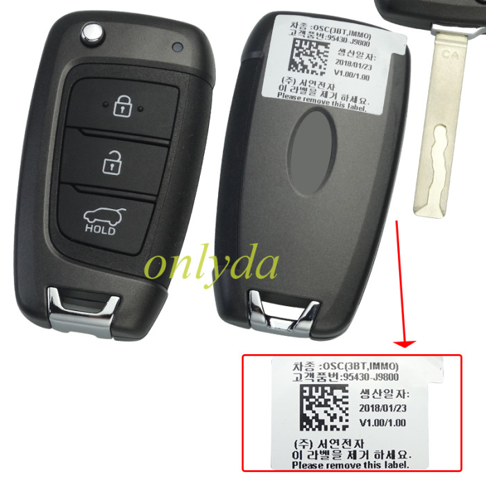 OEM Flipkey For Hyundai KONA  2018-2020  95430-J9800  Keyless REMOTE ENTRY FOB  3BUTTON  OEM PART #: 95430-J9800 FCC ID: OSCOKA-450T MODEL: OKA-450T TRANSMITTER ASSY (OSC)  100% NEW