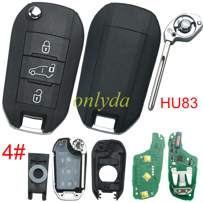 KYDZ brand Peugeot 3 button remote key 434mhz FSKwith 4A NCF29 chip with hu83 blade, Peugeot 508，4008 Citroen C3 C5 C6，Flip Key 08454610 HUF8435 2015DJ2893 PN:9809825177,pls choose button