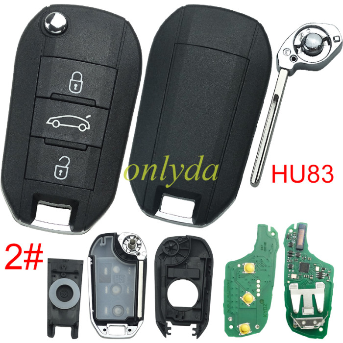 KYDZ brand Peugeot 3 button remote key 434mhz FSKwith 4A NCF29 chip with hu83 blade, Peugeot 508，4008 Citroen C3 C5 C6，Flip Key 08454610 HUF8435 2015DJ2893 PN:9809825177,pls choose button