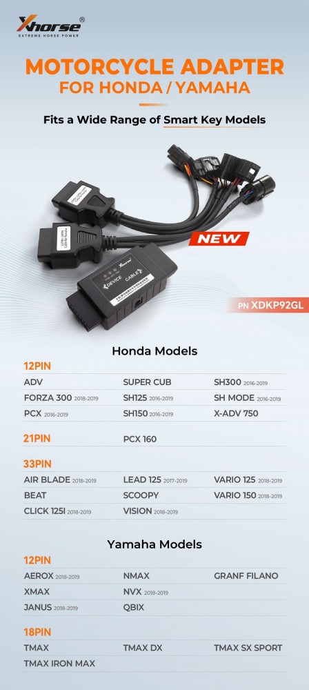 XDKP92GL  Xhorse Motorcycle Adapter for HONDA/YAMAHA work with Key Tool Plus/MIDI