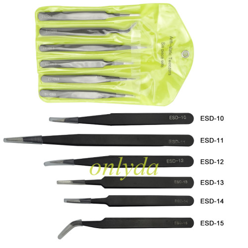 Anti-static Tweezers 6 pieces set  including  ESD-10 ，ESD-11, ESD-12，ESD-13, ESD-14,  ESD-15.