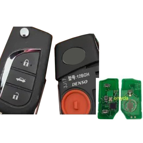 original Toyota flip-key remote key fob, 2018-2024 Camry and 2020-2023 Corolla.  The required battery is a CR2032. Part number: 12BGH. FCC ID: HYQ12BFB. Chip type:  TIRIS DST-AES ID8A  H-chip. 433.58MHz /434.3MHz PCB NO.251451-7380