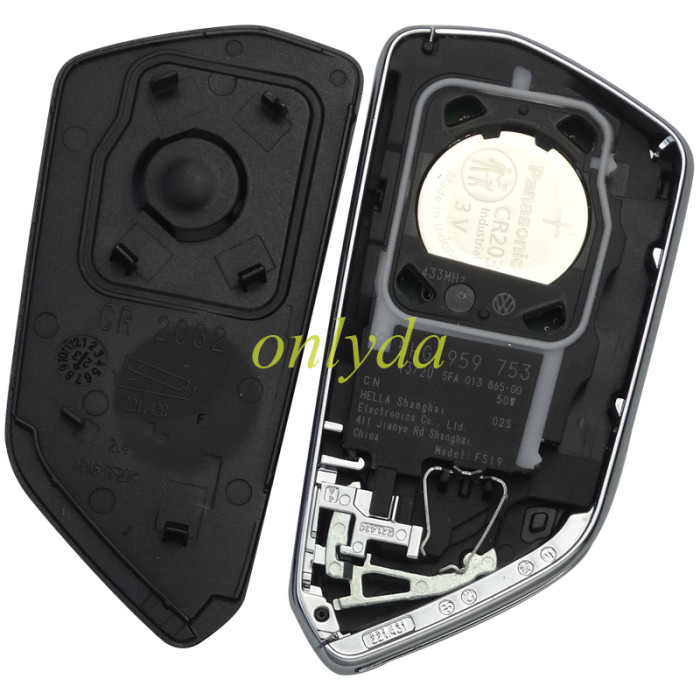 VW original 3 button remote key with 434mhz   MQB49  5D  CMIIT 5HG959753 / 5HG 959 753  2020 Smart Key Remote Model: FS19  P/N: 5HG 959 753  ID:2019DJ4845  FCCID:NBGFS19 01S Model:FS19  ANATEL:01812-19-05364
