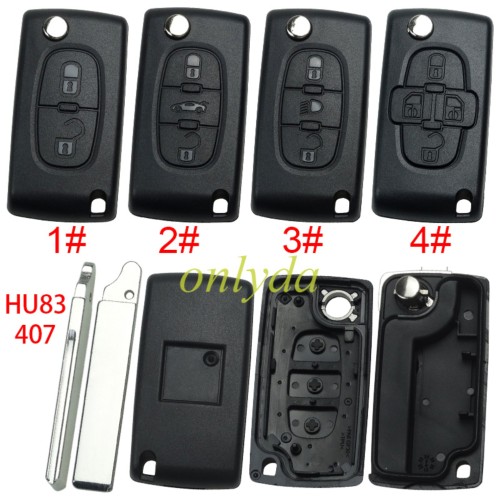 free shipping 10pcs/unit,Peugeot flip remote replacement key shell,blade HU83-without battery clamp with logo place,pls choose the button
