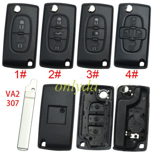 free shipping 10pcs/unit,Peugeot flip remote replacement key shell,blade VA2-with battery clamp with logo place,pls choose the button