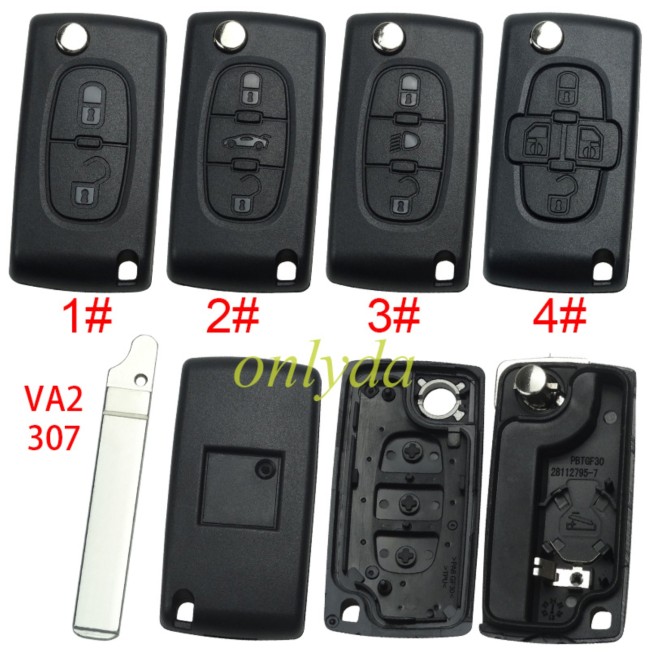 free shipping 10pcs/unit,Peugeot flip remote replacement key shell,blade VA2-with battery clamp with logo place,pls choose the button
