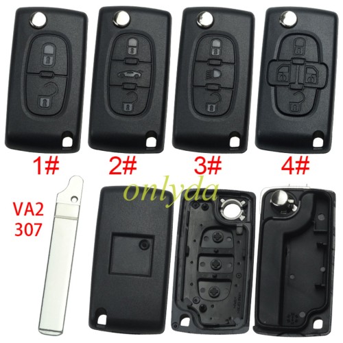 free shipping 10pcs/unit,Peugeot flip remote replacement key shell,blade VA2-without battery clamp with logo place,pls choose the button