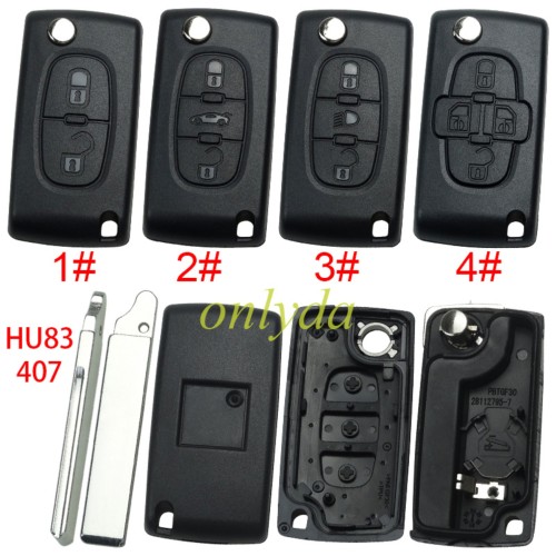 free shipping 10pcs/unit,Peugeot flip remote replacement key shell,blade HU83 with battery clamp with logo place,pls choose the button