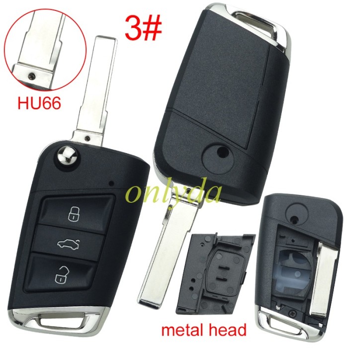 free shipping 10pcs/unit,VW 3 button flip remote key blank with HU66/HU162T blade, pls choose button model