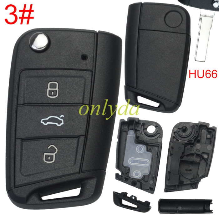 Super Stronger GTL For VW Golf7 3/3+1 button key shell with HU66 blade with Plastic head, pls choose button