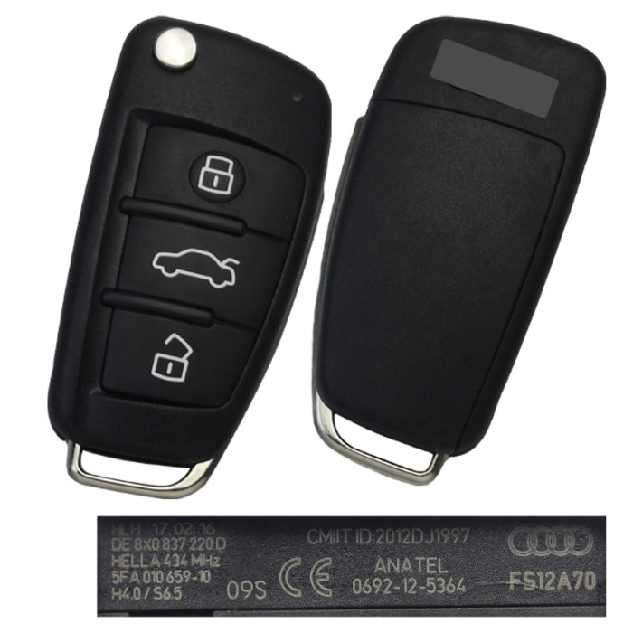 Original Audi Q3 / A1 3 button remote key with ID48 TP25 chip 434mhz  8X0837220D 2012-2015   Audi A1  2012-2016   Audi Q3  2010-2018 S1 /TT/R8 8X0 837 220D  434mhz  without blade,