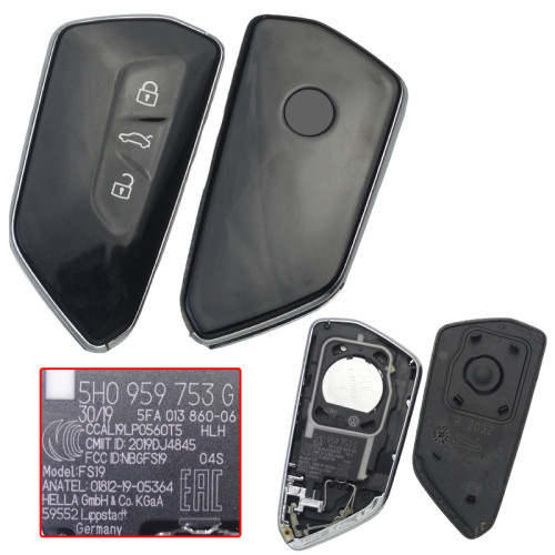 OEM Smart Key for Seat Cupra 3Buttons 433MHz / MQB49 5D NCF295XW  CHIP with UWB, OE Part No:5FA 959 752D/ 5FA959752D / 5FA959753D/5E3959753G/5FA959753N​   Keyless Go Germany HELLA  FCC ID: NBGFS19  CMIIT ID: 2019DJ4845  Model: FS19 5FA 015 208-06  CCAL19LP0560T5 HLH  ANATEL: 01812-19-05364 High configuration with comfort access. (3chips )  Brand new 100% without emergency blade
