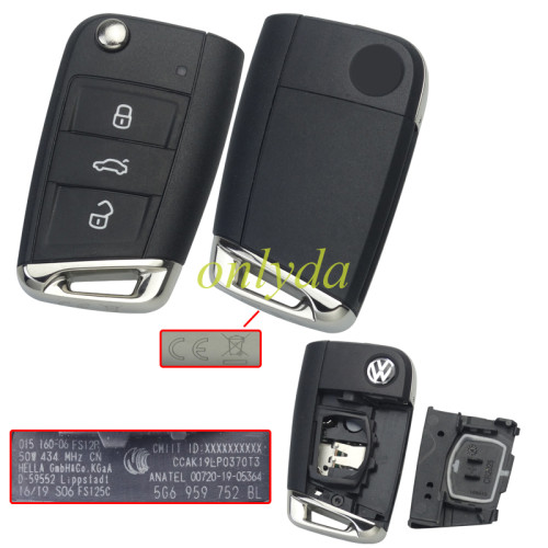 Genuine OEM remote key 3-button,434MHz, MQB49/5C chip, keyless-go smart remote flip key for Tiguan, Golf, T-Roc, Tayron (2016-2024). FCCID:5G6959752BL