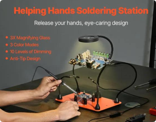 4-Arm Helping Hands Soldering Station with Metal Base & Magnifying Glass