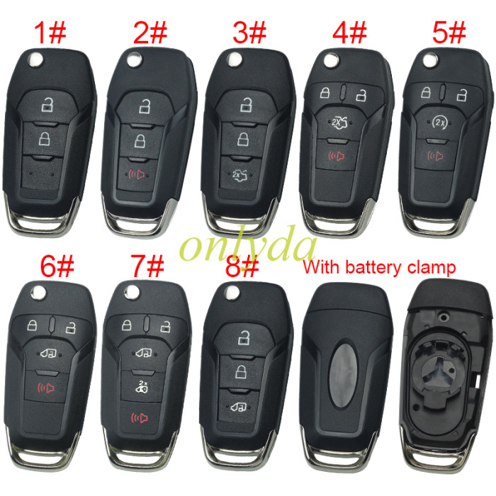 For Ford  flip remote key shell with Hu101 blade with battery clamp , with badge , pls choose button