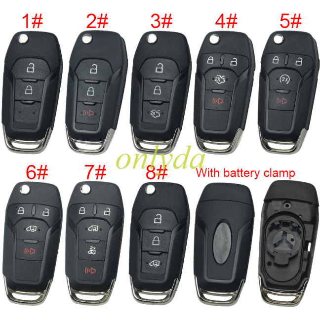 For Ford flip remote key shell with Hu101 blade with battery clamp , with badge , pls choose button