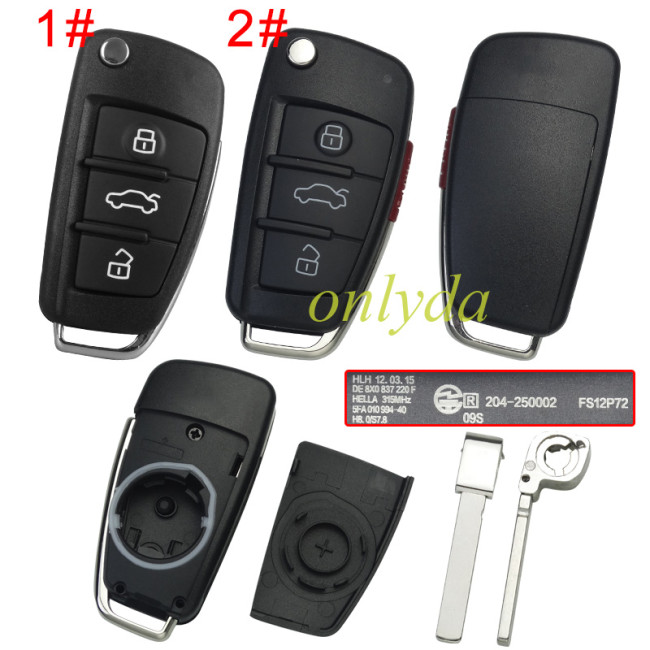 Audi A3 3/3+1 button remote key shell with blade HU162, without badge, pls choose model