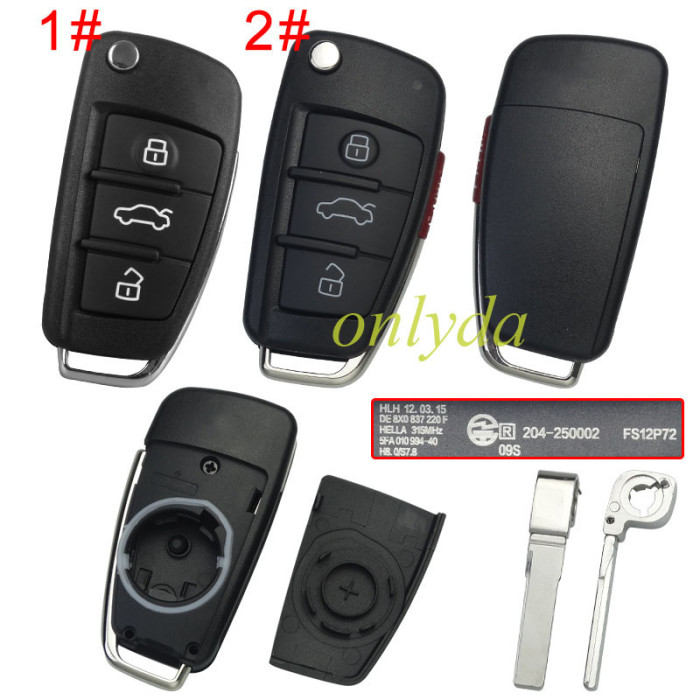 For  Audi A3 3/3+1 button remote key shell with blade HU66, without badge, pls choose model
