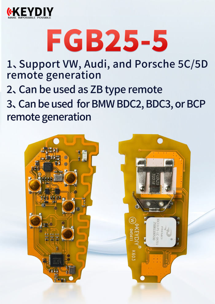 5pcs/lot Free shipping from HK KEYDIY FGB25 For VW Style 3/4+1 Buttons Universal Smart Remote support 5C 5D key（5D UWB function not working）, pls choose button