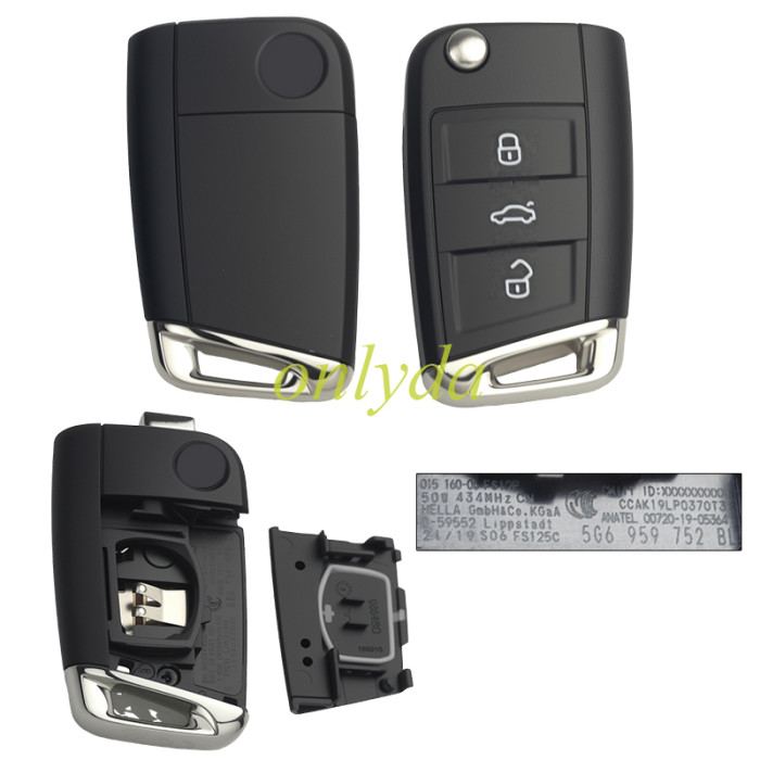 Genuine OEM remote key 3-button,434MHz, MQB49/5C chip, keyless-go smart remote flip key for Tiguan, Golf, T-Roc, Tayron (2016-2024). FCCID:5G6959752BL
