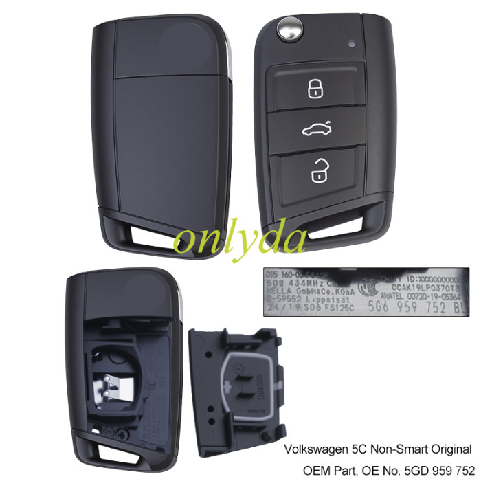 original MQB49 5C chip VW 3 button unKeyless remote key with 434mhz  5GD959752  (or 5GD 959 752) refers to an OEM Volkswagen flip remote key  VW models, including the Polo, T-Cross, Tiguan, Touran, and T-ROC