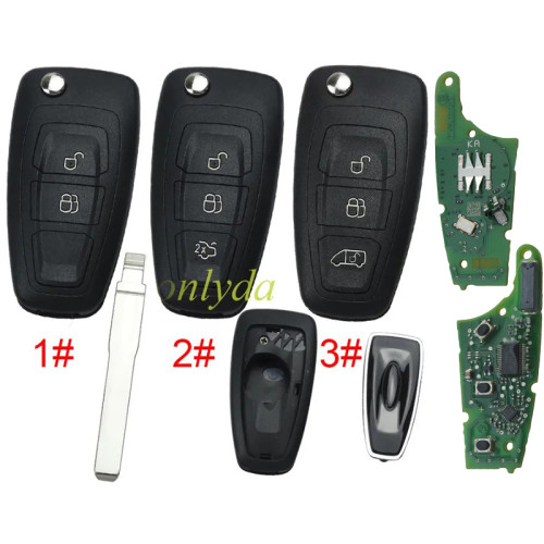 original Ford focus or mondeo 3 button remote key with 434mhz with 4D63 80 Bit electronic chip chip number  is TMS37C158CN  CMIIT ID:2010DJ1445 continental: 5WK49986 AM5T-15K601-AE， Original PCB+Aftermarke shell , pls choose button