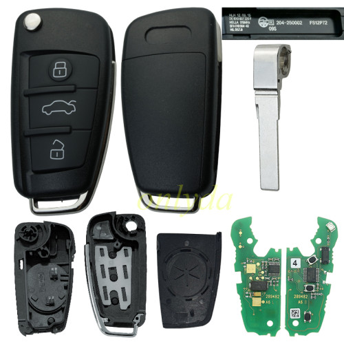 original Audi A4 3 button remote key with 315mhz/434MHZ 8E0837220L  8E0837220T 8E0837220F 8E0837220G 8E0837220H 8E0837220R 8E0837220E  original PCB +Aftermarket case