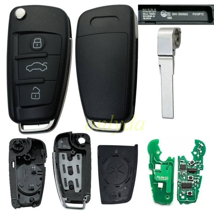 For Audi A4 3 button remote key with 315mhz/434mhz without chip  8EO837220L  8EO837220T 8EO837220F 8EO837220G 8EO837220H 8EO837220R 8EO837220E 8E0837220Q 8E0837220K 8E0837220D Remote Key Fob for Audi A4 S4 RS4 ，please Purchase chip according to your needs