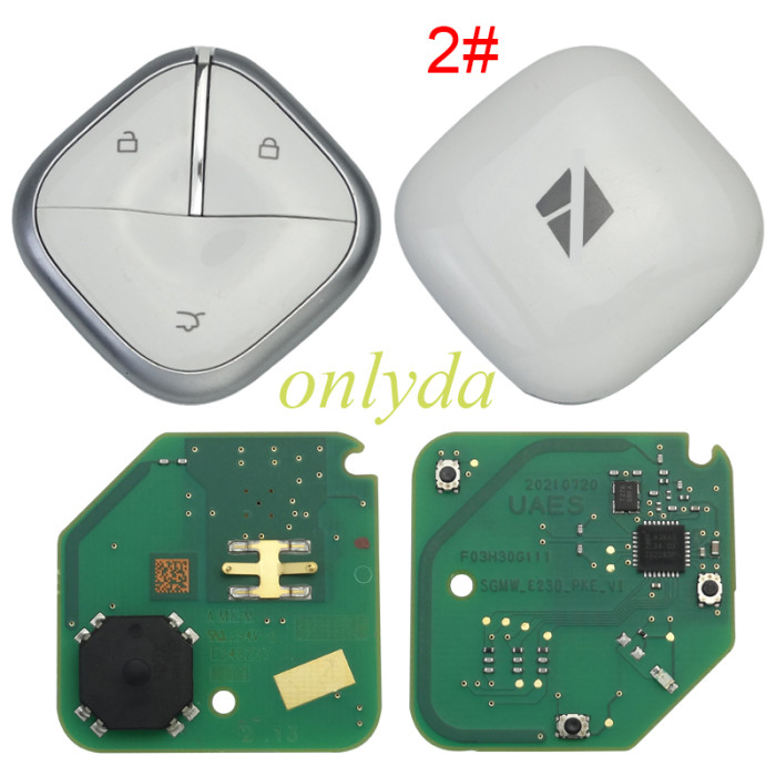 Wuling Bingo Smart Key (Square Diamond Type) Basic Information ： Vehicle Model: Wuling Bingo (Battery Electric Vehicle) Buttons: 3 buttons — Lock / Unlock / Trunk Release Transponder: Dedicated 47 smart chip Frequency: 433MHz Battery: CR2032， Pls choose back cover