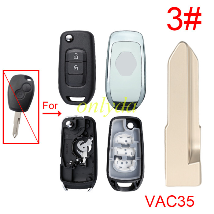 For Renault 2  button remote modified  flip key shell with badage , 1#VA2,2#NE72, 3#VAC35, 4#VAC102, 5#HU136 pls choose blade