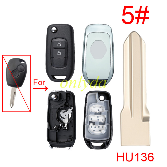 For Renault 2  button remote modified  flip key shell with badage , 1#VA2,2#NE72, 3#VAC35, 4#VAC102, 5#HU136 pls choose blade