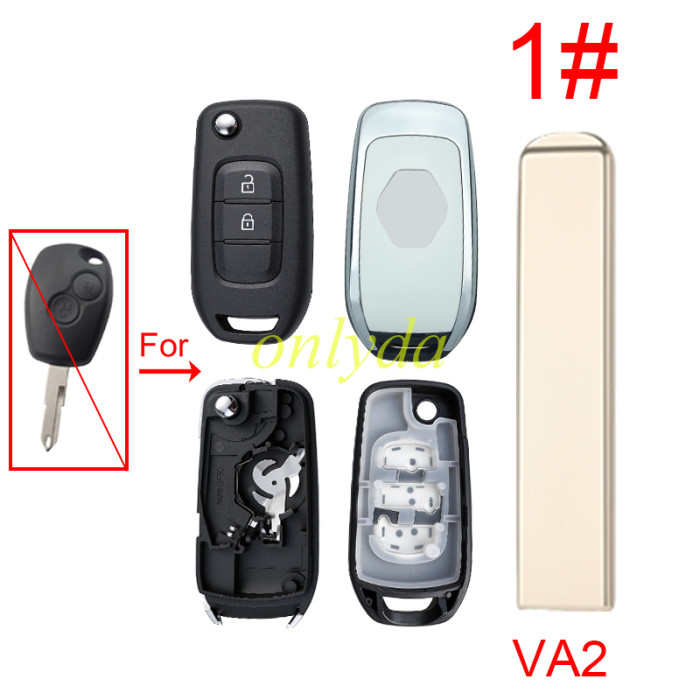 For Renault 2  button remote modified  flip key shell with badage , 1#VA2,2#NE72, 3#VAC35, 4#VAC102, 5#HU136 pls choose blade
