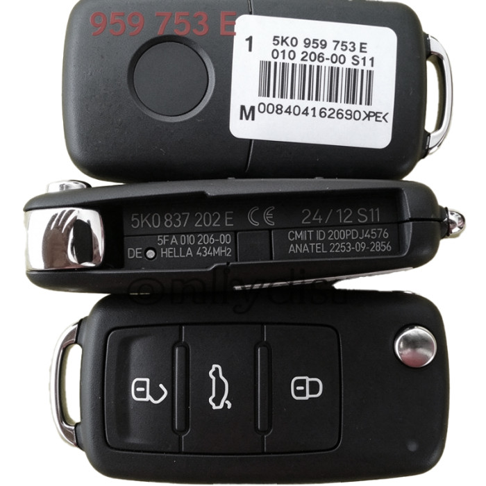 For  VW 3 button remote key with 434mhz Model Number is 5KO-959-753-E/5KO-837-202E