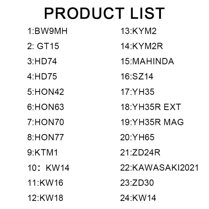 For Lishi 2-in-1 lockpick and decoder for  Motorbike kit 1:BW9MH 2: GT15 3:HD74 4:HD75 5:HON42 6:HON63 7:HON70 8:HON77 9:KTM1 10：KW14 11:KW16 12:KW18 13:KYM2 14:KYM2R 15:MAHINDA 16:SZ14 17:YH35 18:YH35R EXT 19:YH35R MAG 20:YH65 21:ZD24R 22:KAWASAKI2021 23:ZD30 24:KW14 25:工具箱/包