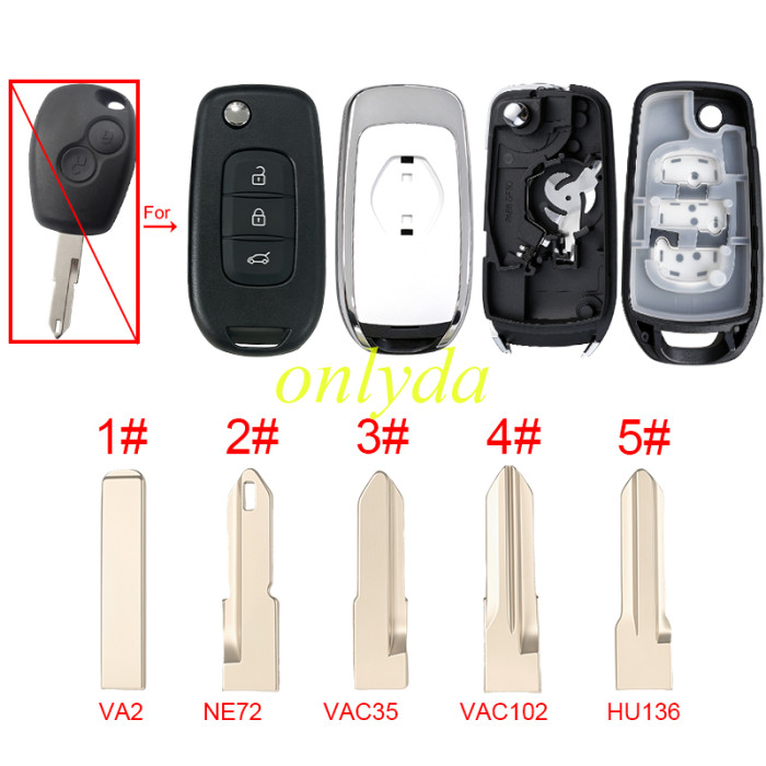 For Renault 3  button remote modified  flip key shell with badage , 1#VA2,2#NE72, 3#VAC35, 4#VAC102, 5#HU136 pls choose blade