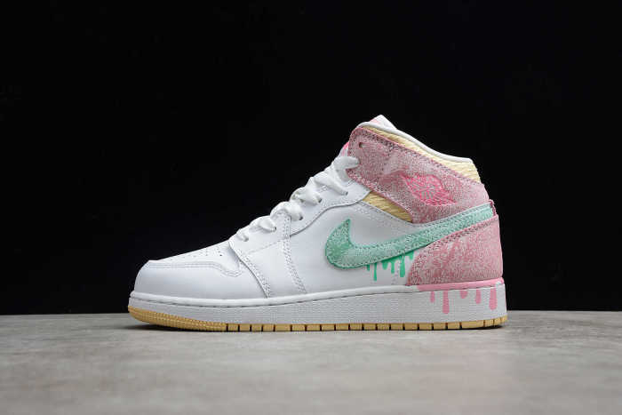 Air Jordan 1 Mid SE GS Paint Drip White Pink DD1666-100 GS