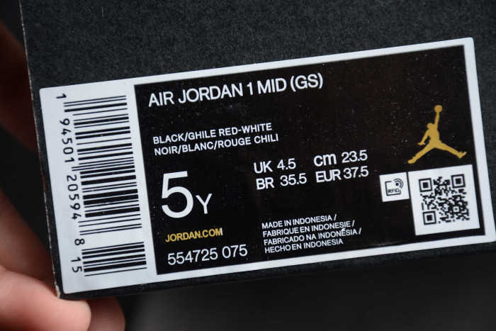 Air Jordan 1 Mid GS Black Chile Red White 554725 075