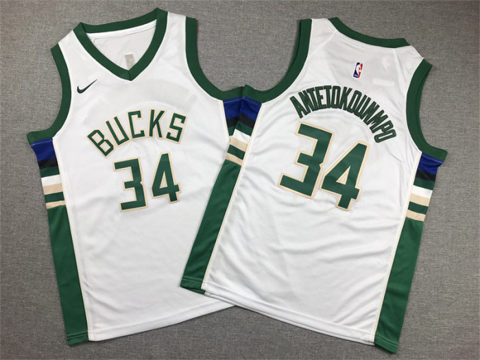 Milwaukee Bucks Kids Jersey White Lcon Edition  2020 NO.34  ANTETOKOUNMPO